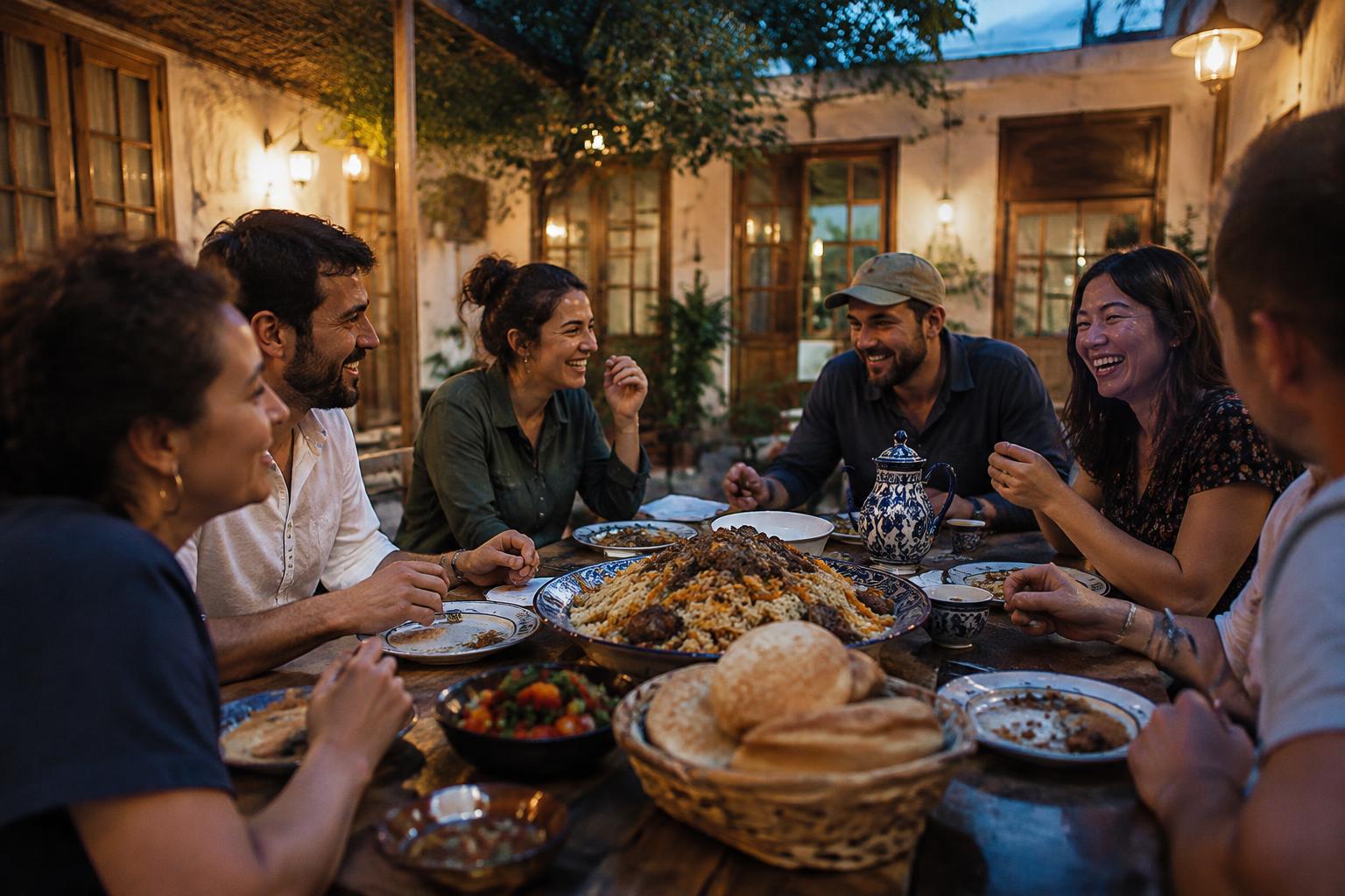 Travellers sharing plov and conversation around a courtyard table